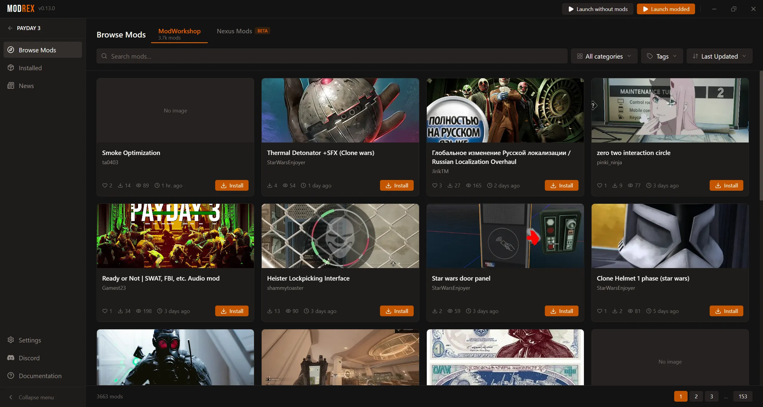 Browsing ModWorkshop and Nexus Mods inside Modrex
