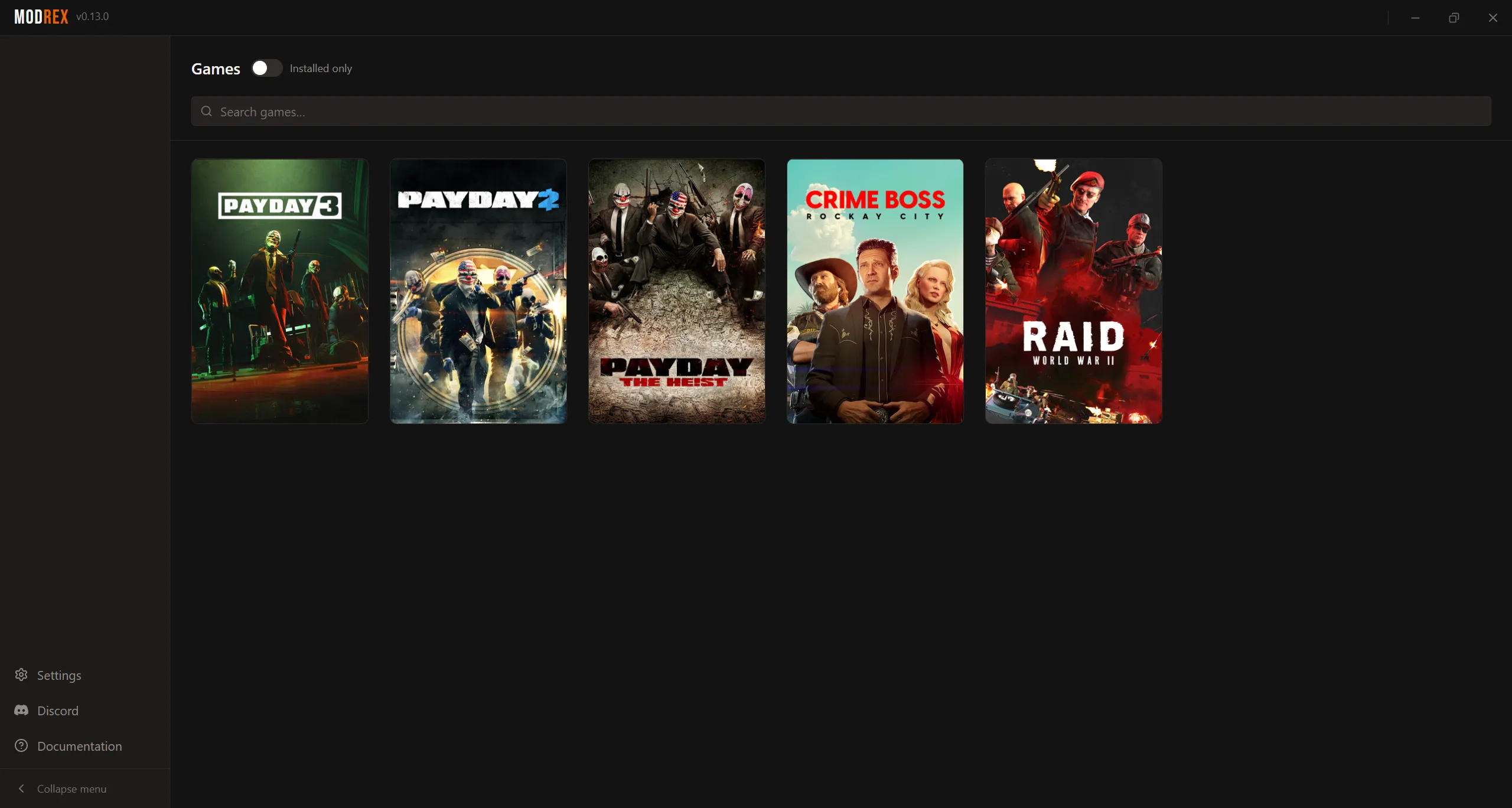 Choosing a game in Modrex: PAYDAY 3, PAYDAY 2, Crime Boss and RAID