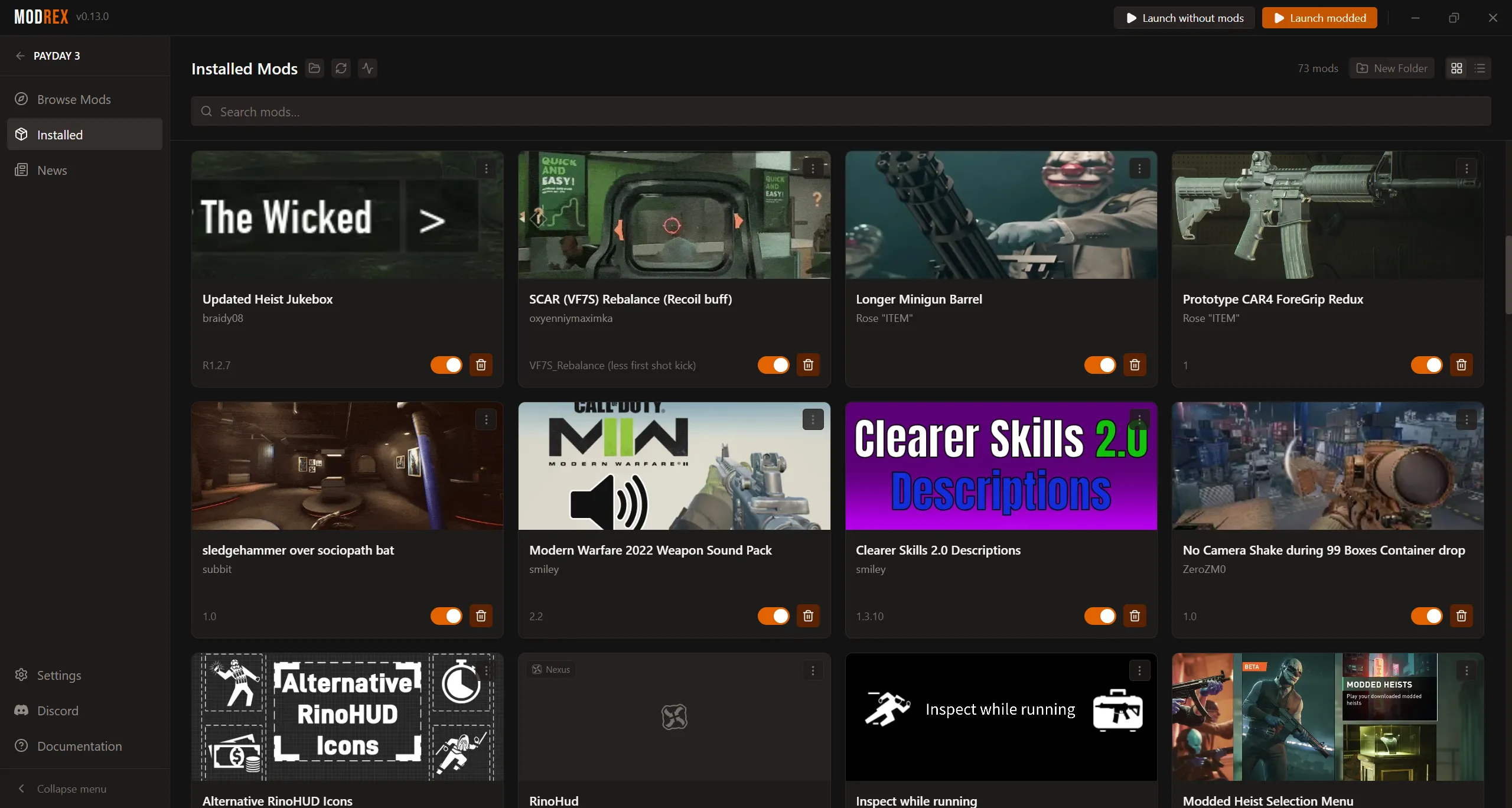 The Modrex installed mods list with folders and load order