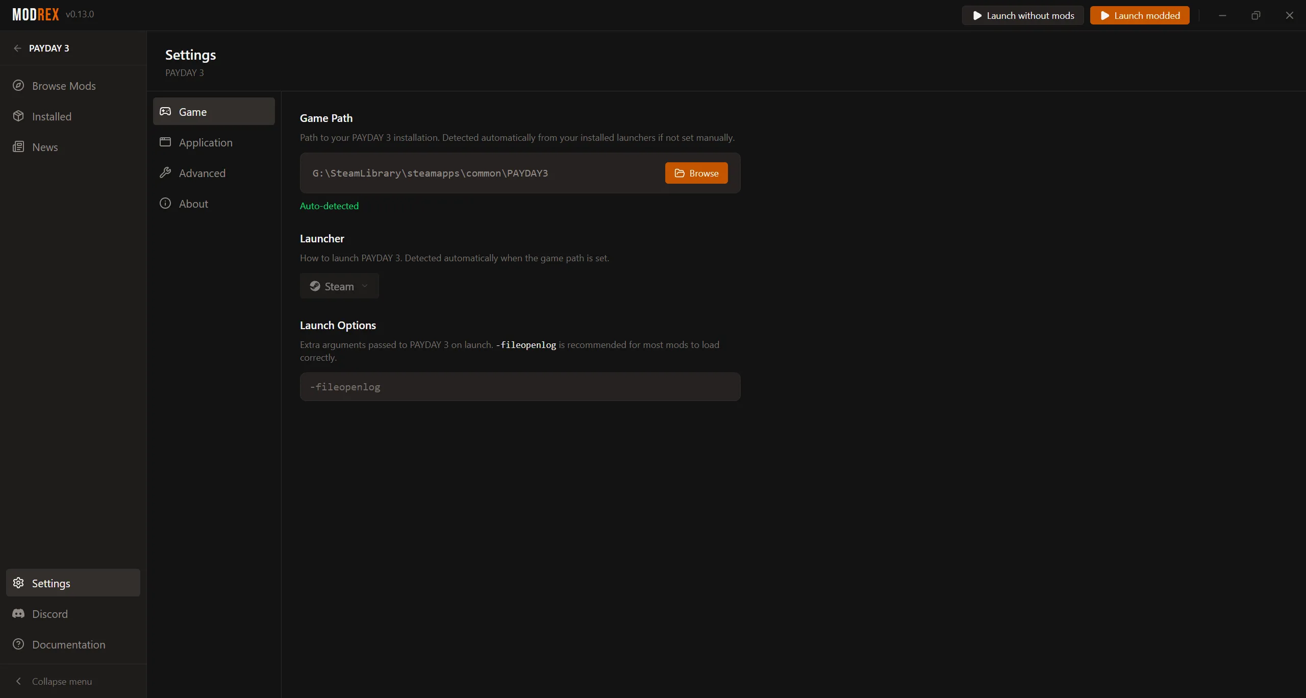 Modrex settings: game path, launcher and launch options